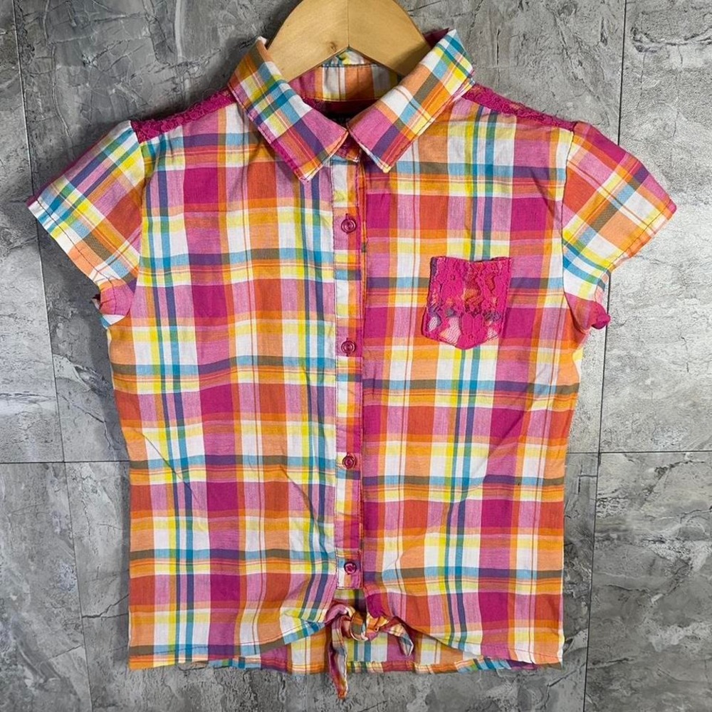 Eye Candy Pink and yellow plaid button-up‎ blouse with lace detail Kids LG 14-16